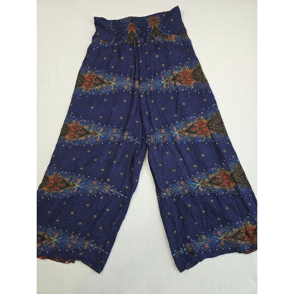 Bohemian Wide Leg Palazzo Pants Peacock Print Elastic Waist Made In Thailand - Picture 2 of 5